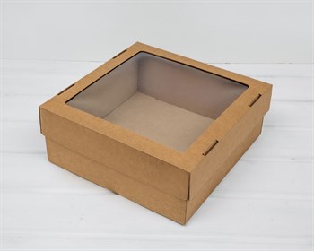 Коробка с окошком, 25х25х10 см, крышка с ПРОРЕЗЯМИ-дно, крафт - фото 13438
