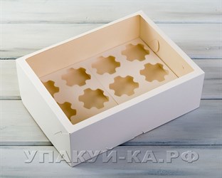 Коробка для капкейков/маффинов на 12 шт, с увеличенным окошком, 33х25х11 см, белая
