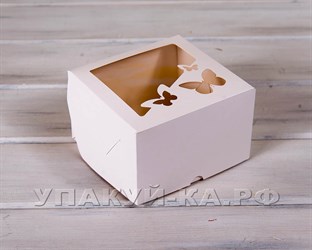 Коробка для капкейков/маффинов на 4 шт, с прозрачным окошком Бабочки, 17х17х11 см, белая
