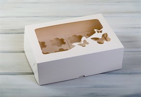 Коробка для капкейков/маффинов на 12 шт, с прозрачным окошком  Бабочки, 33х25х11 см, белая